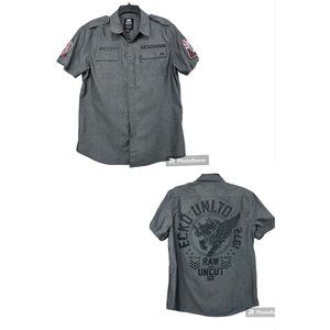 Ecko Unlimited Y2K Men Short Sleeve Button Front Shirt Sz M Gray Graphic‎ Back